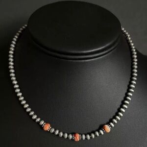 Sterling Silver 4mm Pearls Orange Spiny Oyster Bead Necklace Choker 14 inch